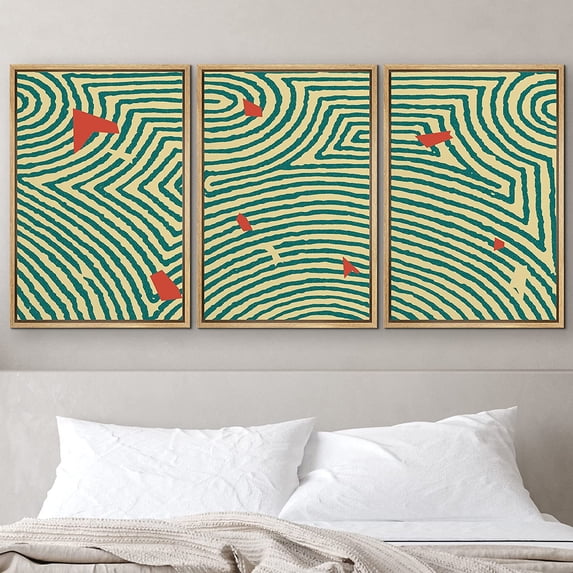 PixonSign Framed Wall Art Print Set Green Geometric Maze with Red Flakes Abstract Shapes Illustrations Modern Art Chic Relax/Calm Pastel for Living Room, Bedroom, Office - 24"x36"x3 Natural