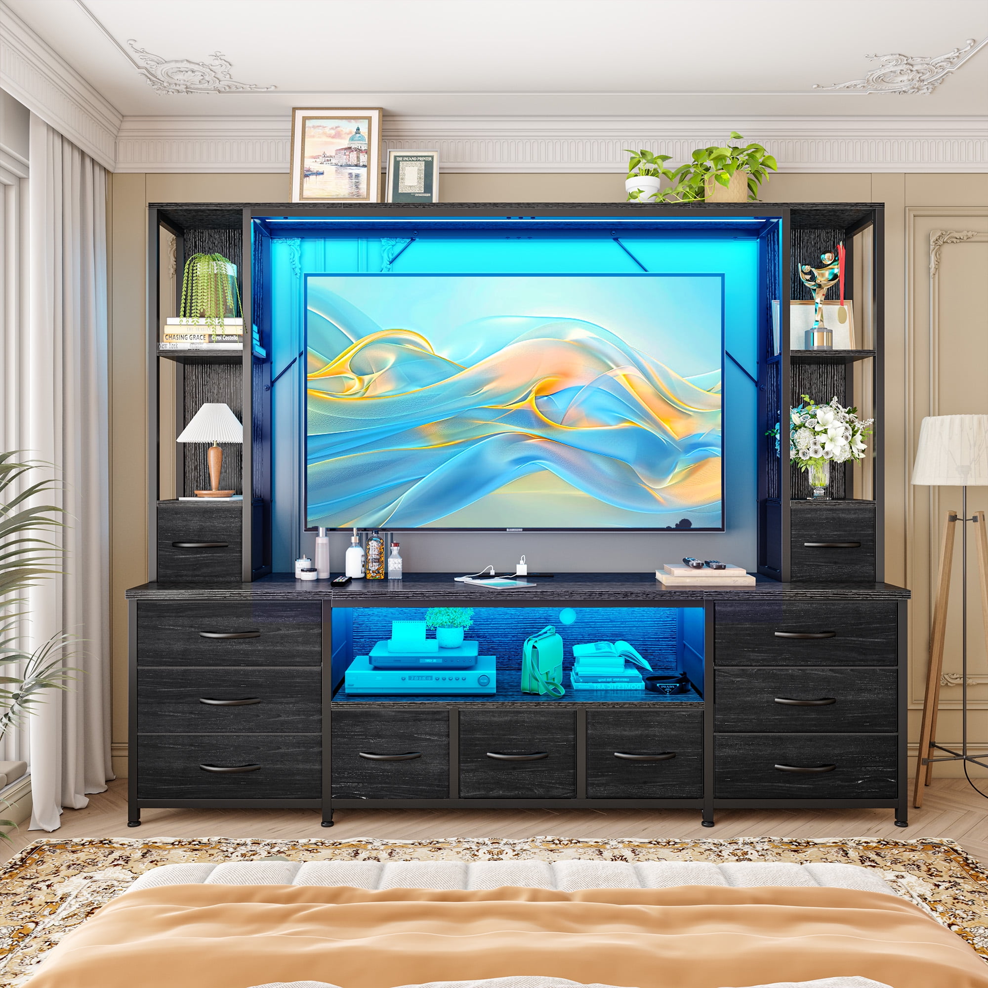 EnHomee 65" TV Stands for Living Room Entertainment Wall Unit with 11 Fabric Drawer TV Console Table with LED Lights & Power Outlets,Black