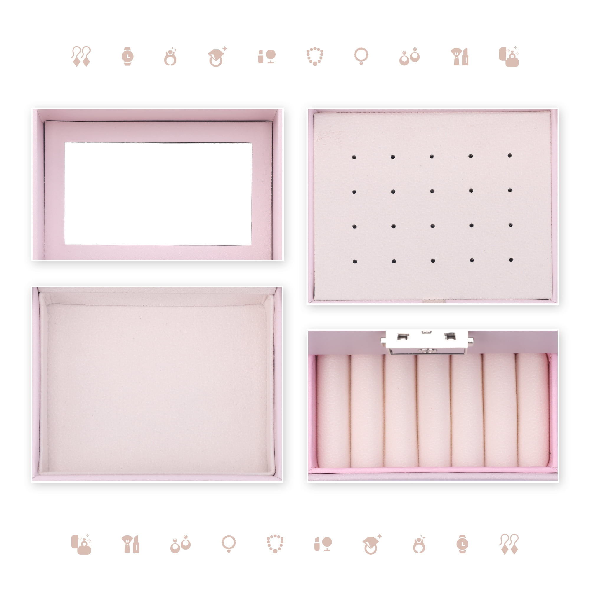 Unique Bargains 3 Layer Jewelry Box with Mirror PU Leather Jewelry Organizer for Women Pink