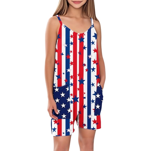 ZACPNCV Independence Day Clothes Girls Sleeveless Jumpsuits Spaghetti Strap Romper Shorts with Pockets Casual Stretchy Short Overalls for Kids Multicolor 7-8 Years
