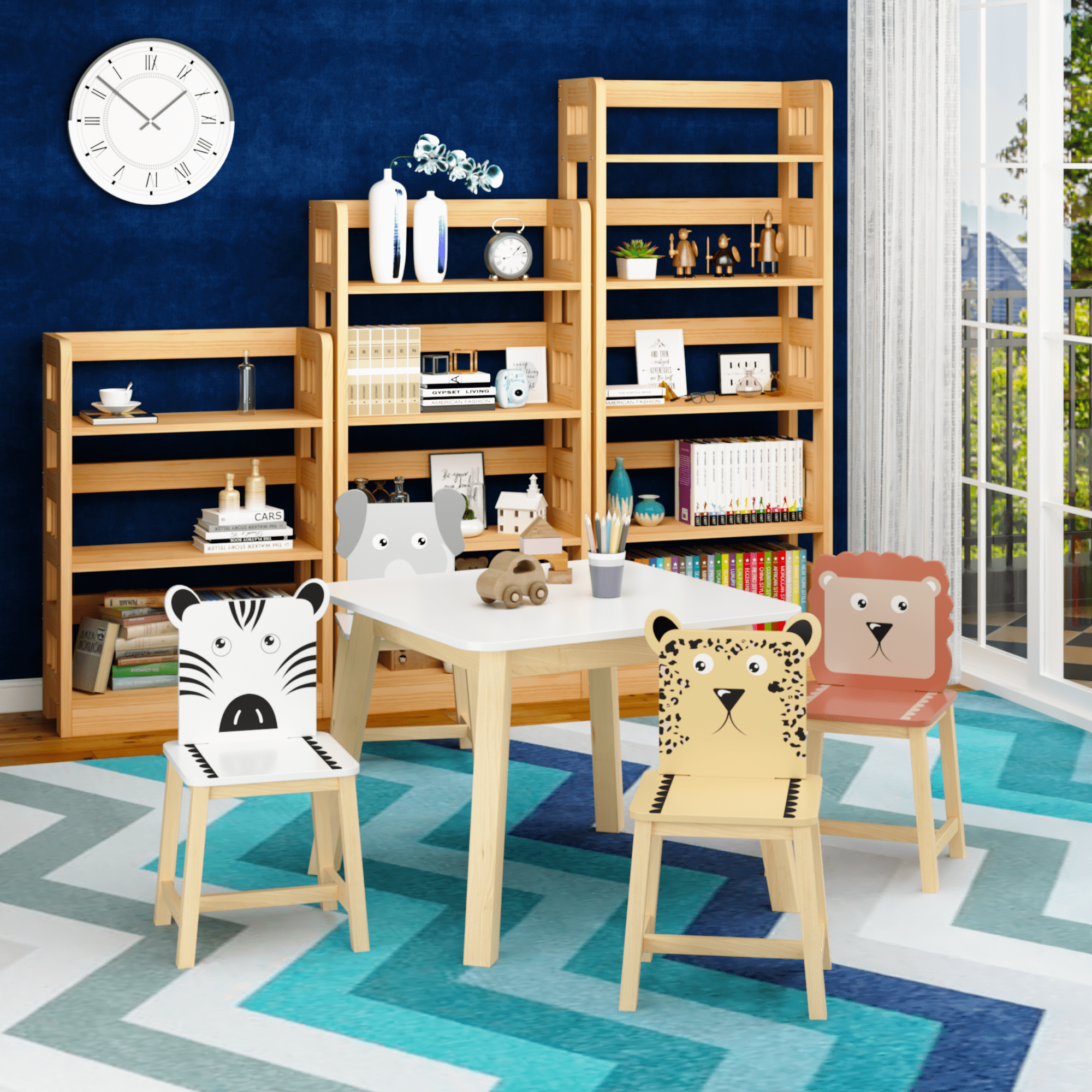 Kids Furniture 5 Piece Kiddy Table and Chair Set , Kids Wood Table with 4 Chairs Set Cartoon Animals (bigger table) (3-8 years old),Baby Furniture