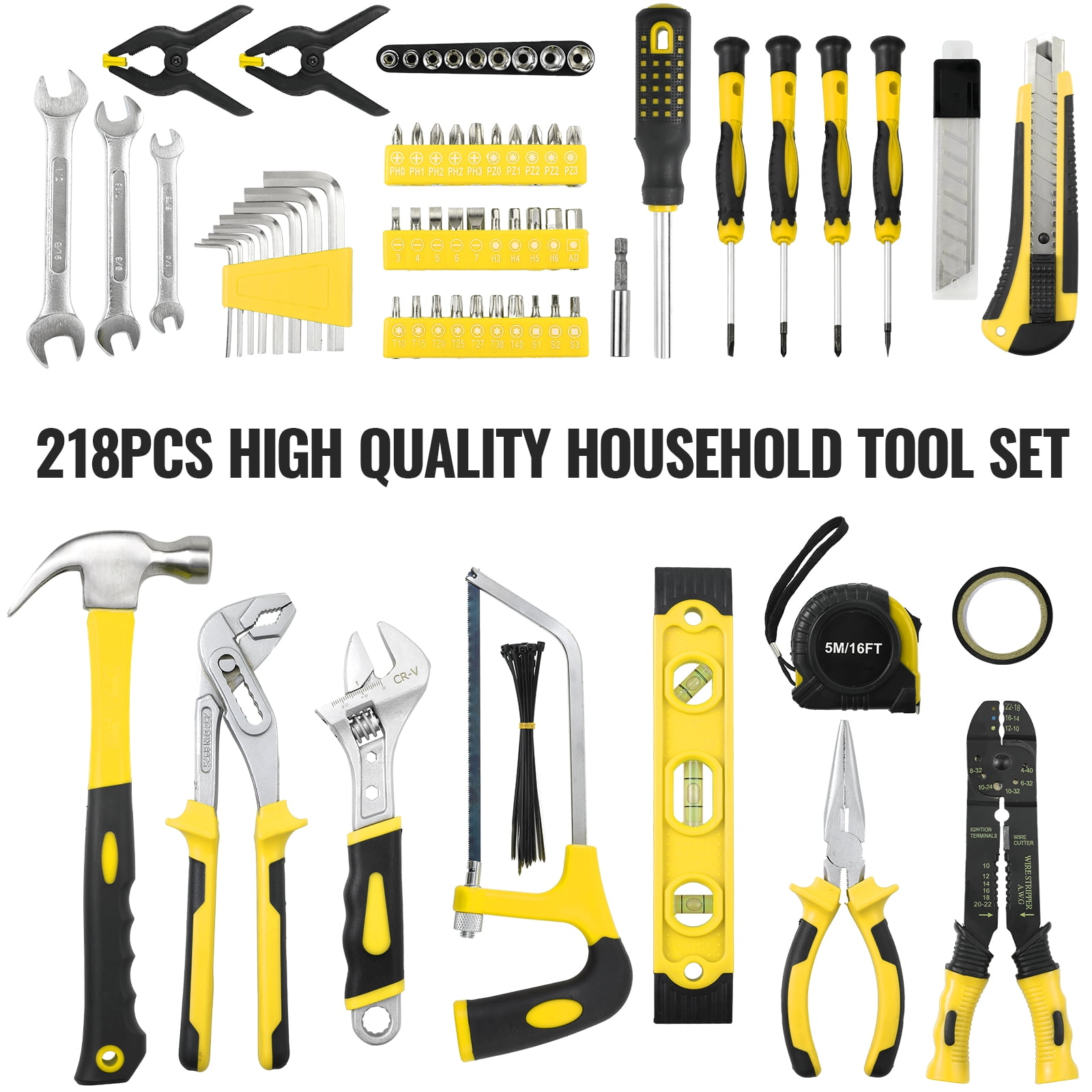 TLGREEN 218-Piece Household Tool Set, Mechanic Tool Kit with Saw, Wrenches,  Hammer, Pliers and Toolbox, for Home, Auto, Perfect Gift (yellow)