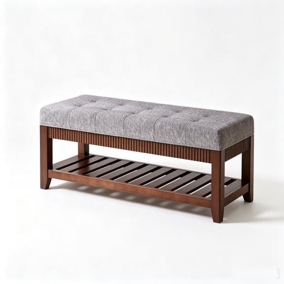 LIANGKA Gray Solid Rubber Wood Entryway Bench Padded Cushion Shoe Storage Bench with Lower Shoe Rack Upholstered Storage Bench for Foyer Hallway Living Room