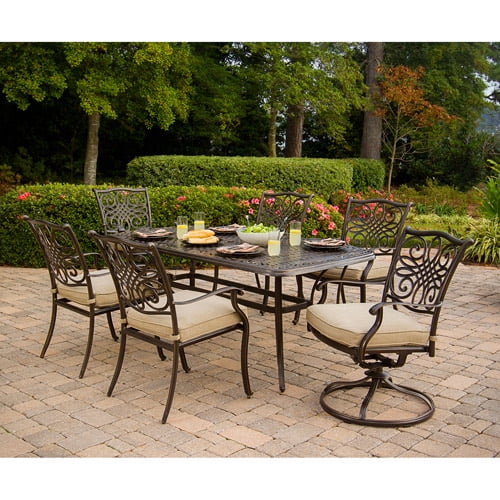 Hanover Traditions 7 Piece Outdoor Dining Set Of Four Dining Chairs Two Swivel Chairs And A 38 X 72 In Table Walmart Com Walmart Com