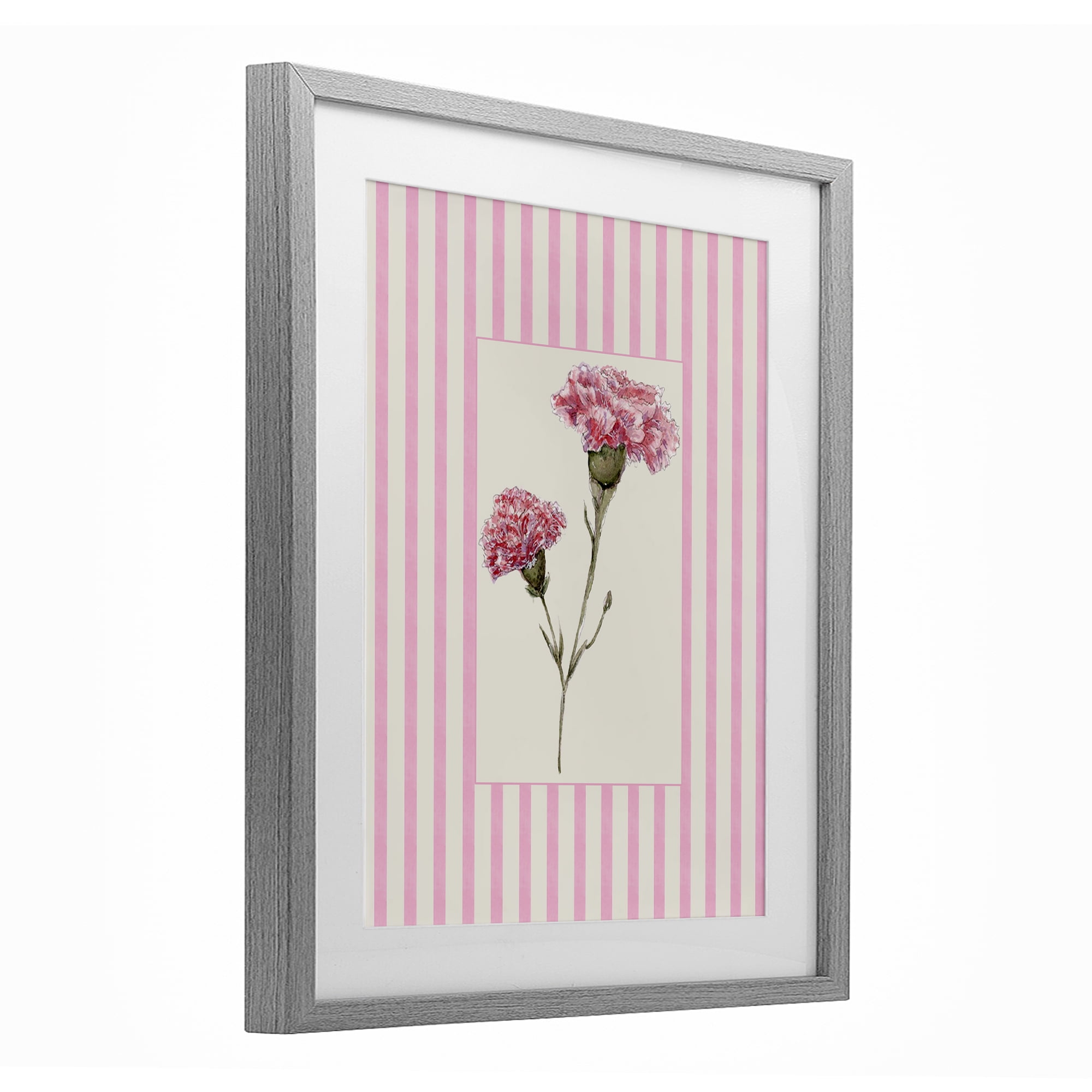 Pink Stripe Carnation Gray Framed Print Under Glass, design by Lisa Wehmeyer