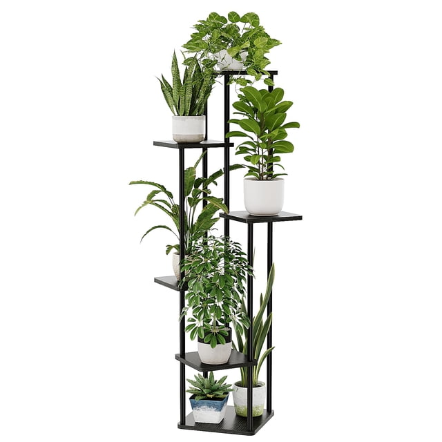 Soporte para Plantas de 6 Niveles Negro Macetero Moderno de Madera y Metal Estante Ahorrador de Espacio para Macetas y Plantas Porta Macetas Decorativ