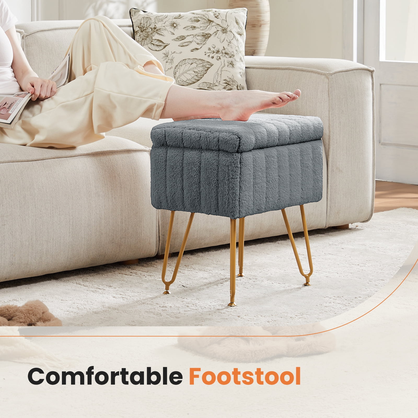 LIFERECORD Small Ottoman with Storage, Vanity Stool with Storage for Bedroom, Ottoman Coffee Table,Small Velvet Foot Stool for Living Room, Grey