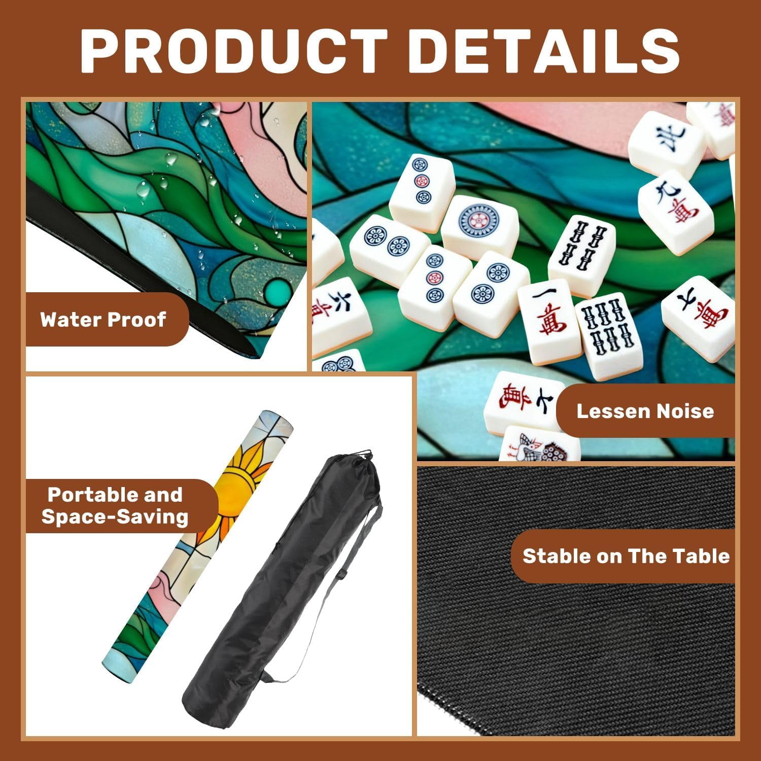 Mahjong Mat with Carrying Bag 31.5" x 31.5" Non-Slip Noise Reduction Stained Glass Sun Waves Pink Clouds Blue Sky Table Mat for Mahjong Poker Dominoes Card Board Tile Games
