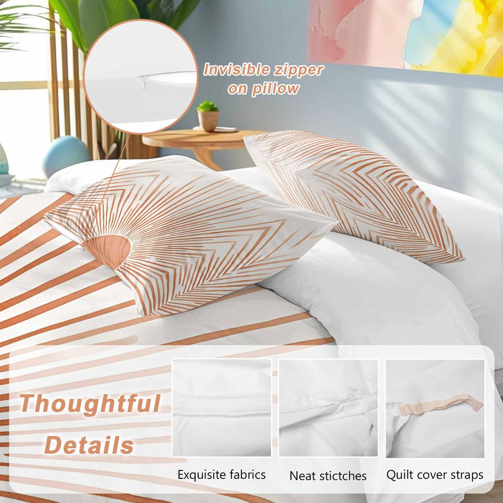 Boho Abstract Sun Bedding 3 Piece Duvet Cover Set Queen Size, Modern Beige Sun Light Lines Soft Microfiber Comforter Cover with Zipper Closure & Pillowcases, Wrinkle & FadeResistant Quilt Cover