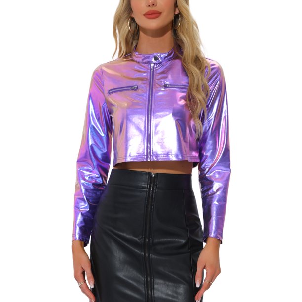 Chaquetas cortas para mujer INSPIRE CHIC con cuello de pie, cremallera metálica, mangas largas, chaqueta de fiesta M azul