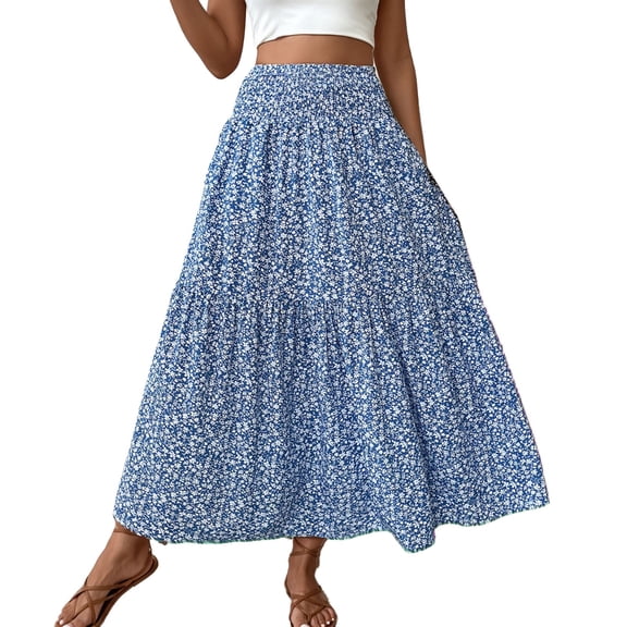 WDDDD Women's Flowy Maxi Skirt Boho A-Line High Waist Beach Vacation Blue M