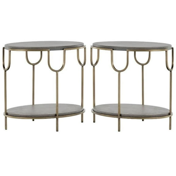 Home Square Arya 24" Metal End Table with Brass Frame in Gray - Set of 2