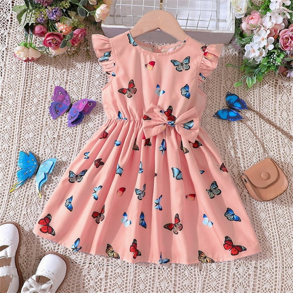 WOYY Toddler Girls Butterfly Print Bow Dress Flutter Sleeves Casual Dress, Sizes 1-6