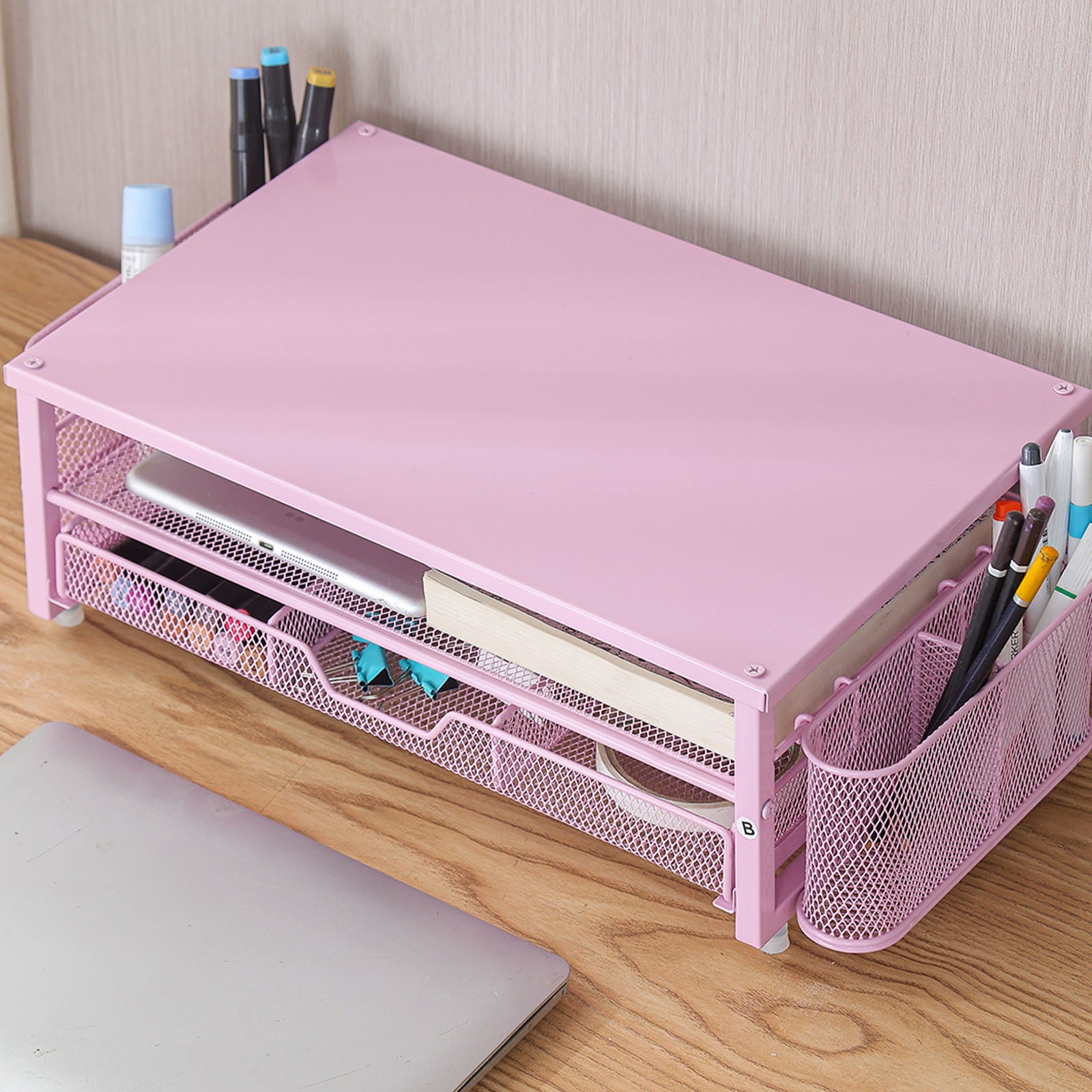 Metal Screen Stand with Ventilation Drawer and Side Storage Computer Monitor Stand Laptop Stand Desk Organiser Shelf