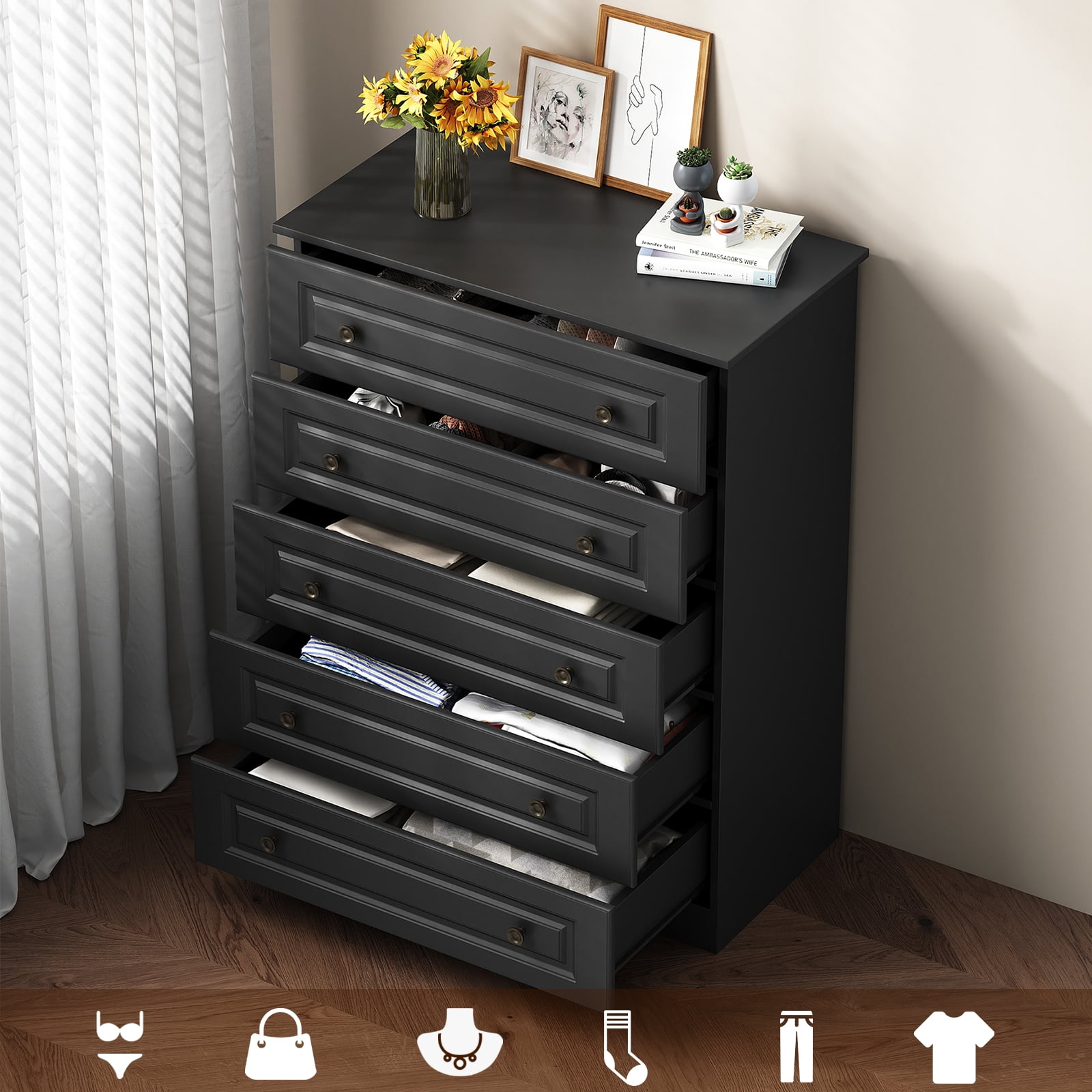 IDEALSOUL Dresser for bedroom, Black Dresser Tall dresser with Large Storage Space, 5 Drawer Dresser for Bedroom, Hallway, Entryway