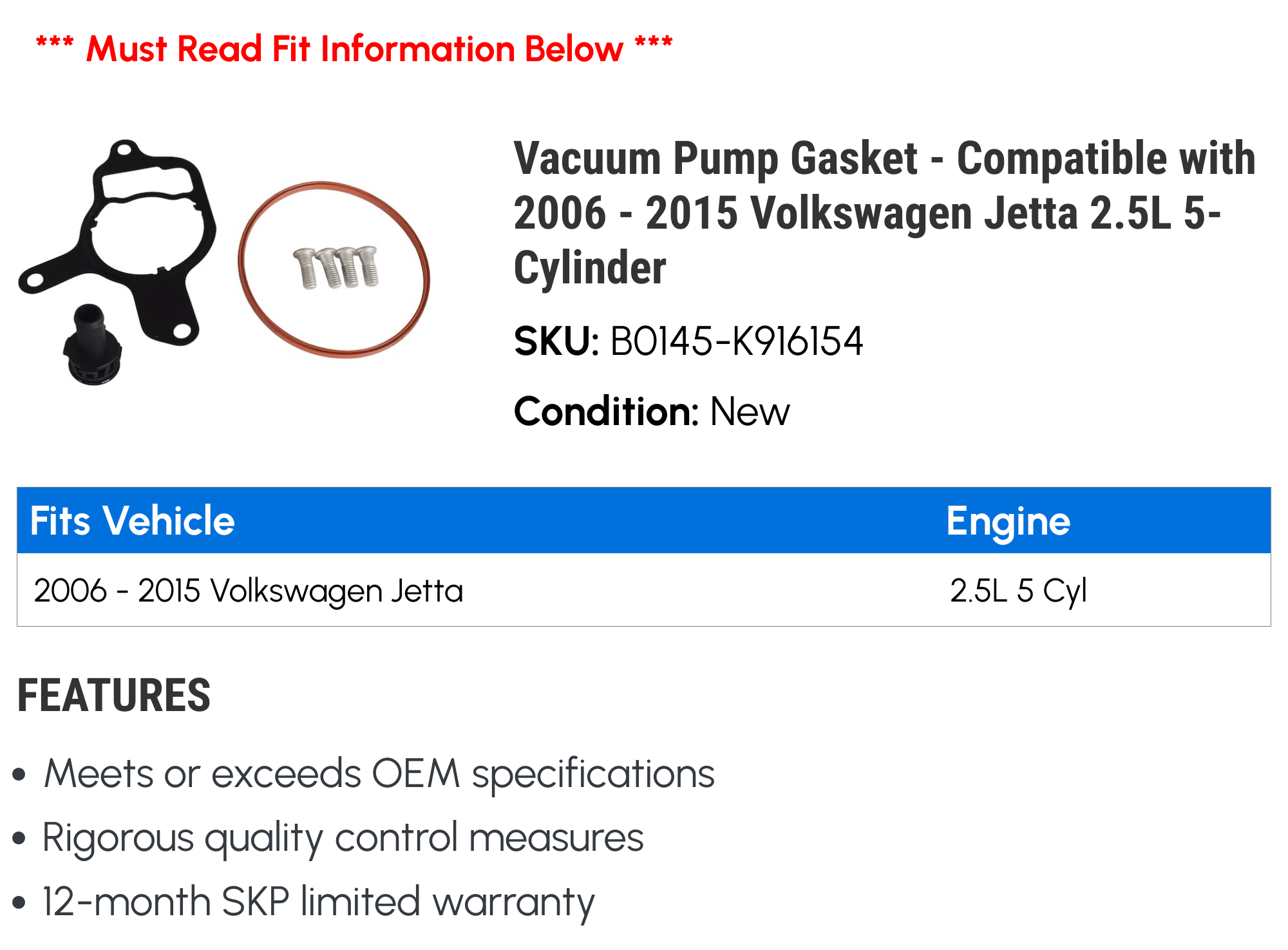 Vacuum Pump Gasket - Compatible with 2006 - 2015 Volkswagen Jetta 2.5L 5-Cylinder 2007 2008 2009 2010 2011 2012 2013 2014