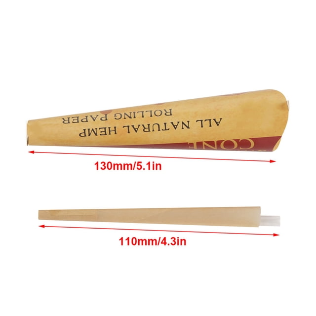 rolling paper paper rolling paper hemp rolling paper 72 cones 110mm authentic hemp rolling paper Conos de papel de cáñamo 72 piezas, primer plano de un cono abierto de 130mm (5.1in) con texto impreso y un cono insertado de 110mm (4.3in). Papel translúcido delgado color marrón claro, forma cónica para combustión lenta; paquete especifica 3 conos/tubo y 24 tubos/caja. También usado a menudo para preparar conos prefabricados para viaje.