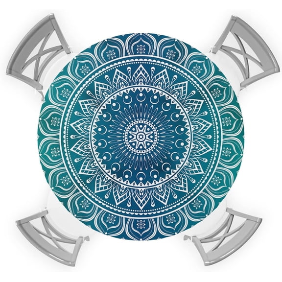 Round Table Cover 36-44 Inch, Waterproof Reusable Table Cloth Round Fitted Vinyl Tablecloth with Elastic Edged for Parties Outdoors, Boho Style Mandala Pattern Green Gradient