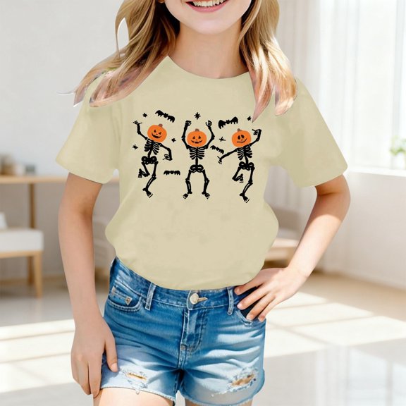 CONFREE Girls Halloween Short Sleeve Tshirts Crew Neck Cute Skeleton Graphic Casual Hallowmas T-Shirt for Kids