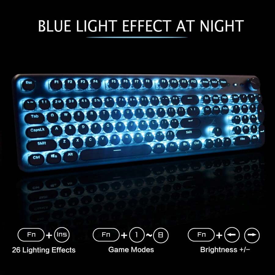 Wired Mechanical Keyboard, 104 Key Beautiful Typewriter Keyboard, Blue Backlight, Anti Ghosting, Blue Switch Wired Cute Keyboard - White, Including A USB Charging Cable
