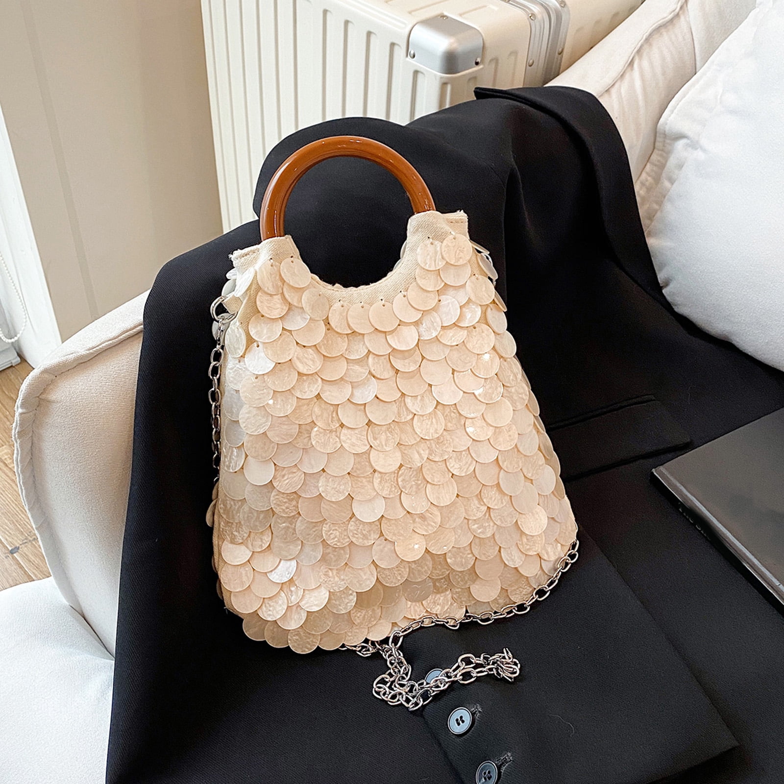 Daily Clutch Handbag Lightweight Handmade Natural Seashell Purse with Handle Detachable Shoulder Strap for Women Beach Party Vacation (S)