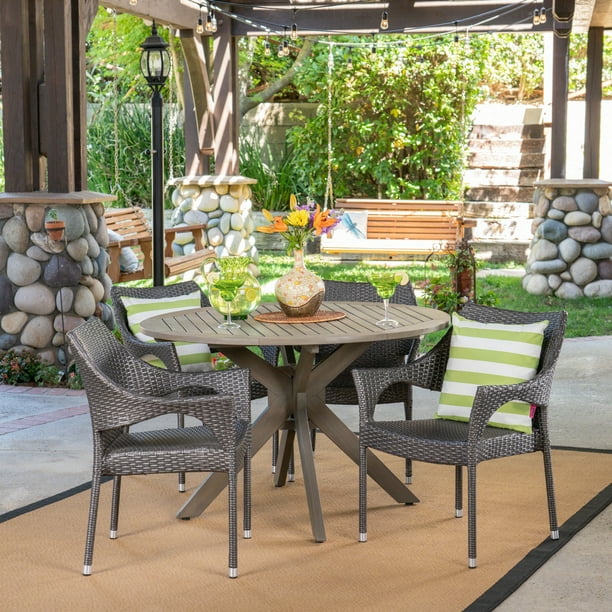 Ryan Outdoor 5 Piece Wood and Wicker Dining Set, Gray, Gray - Walmart