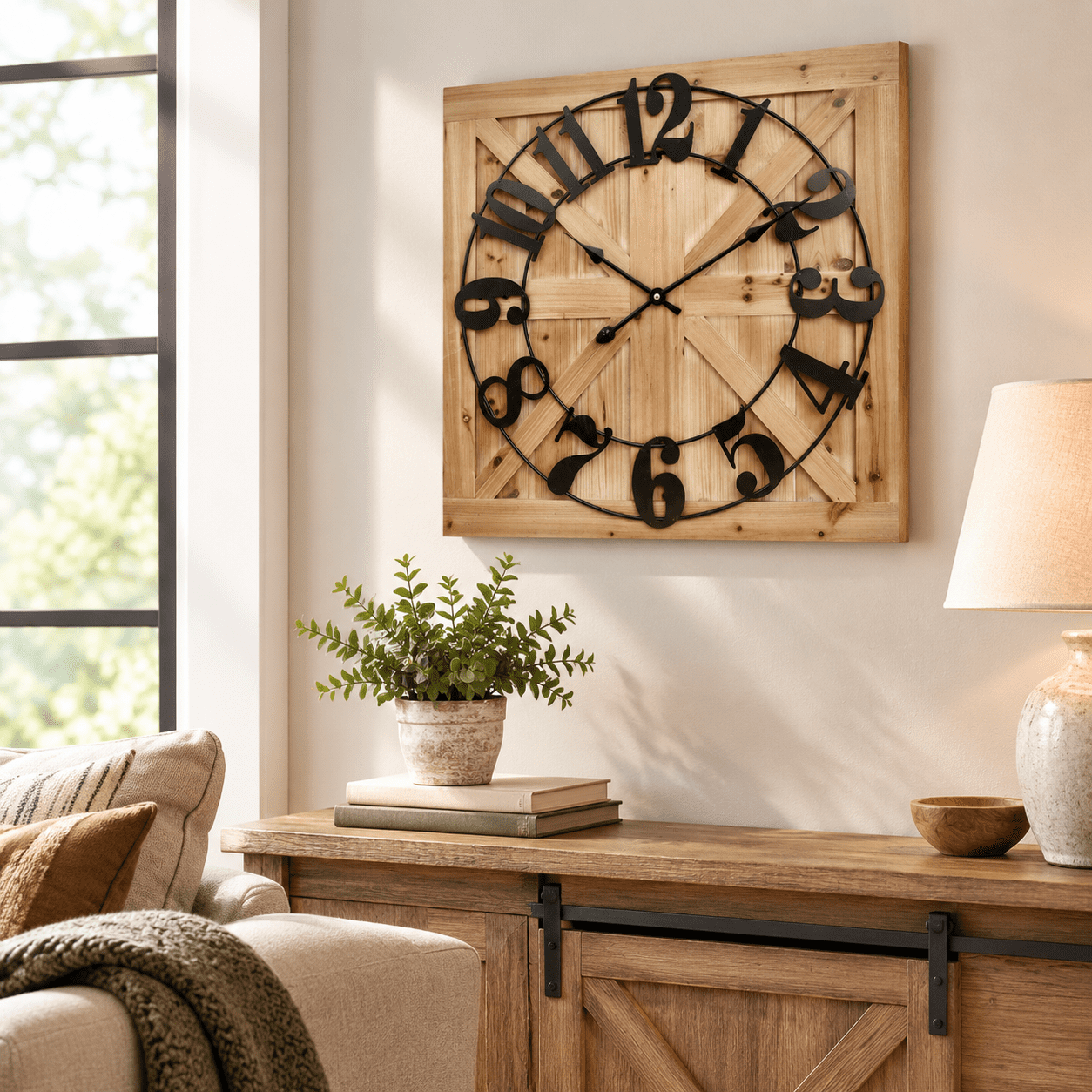 24 Inch Brown Square Rustic Wooden Farmhouse Wall Clock With Reversible Decorative Sign