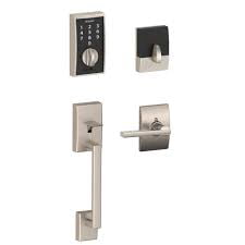 Schlage Century Satin Nickel Electronic Keyless Touchscreen Deadbolt with Exterior Door Handleset and Latitude Door Lever with Century Trim Rated AAA Security