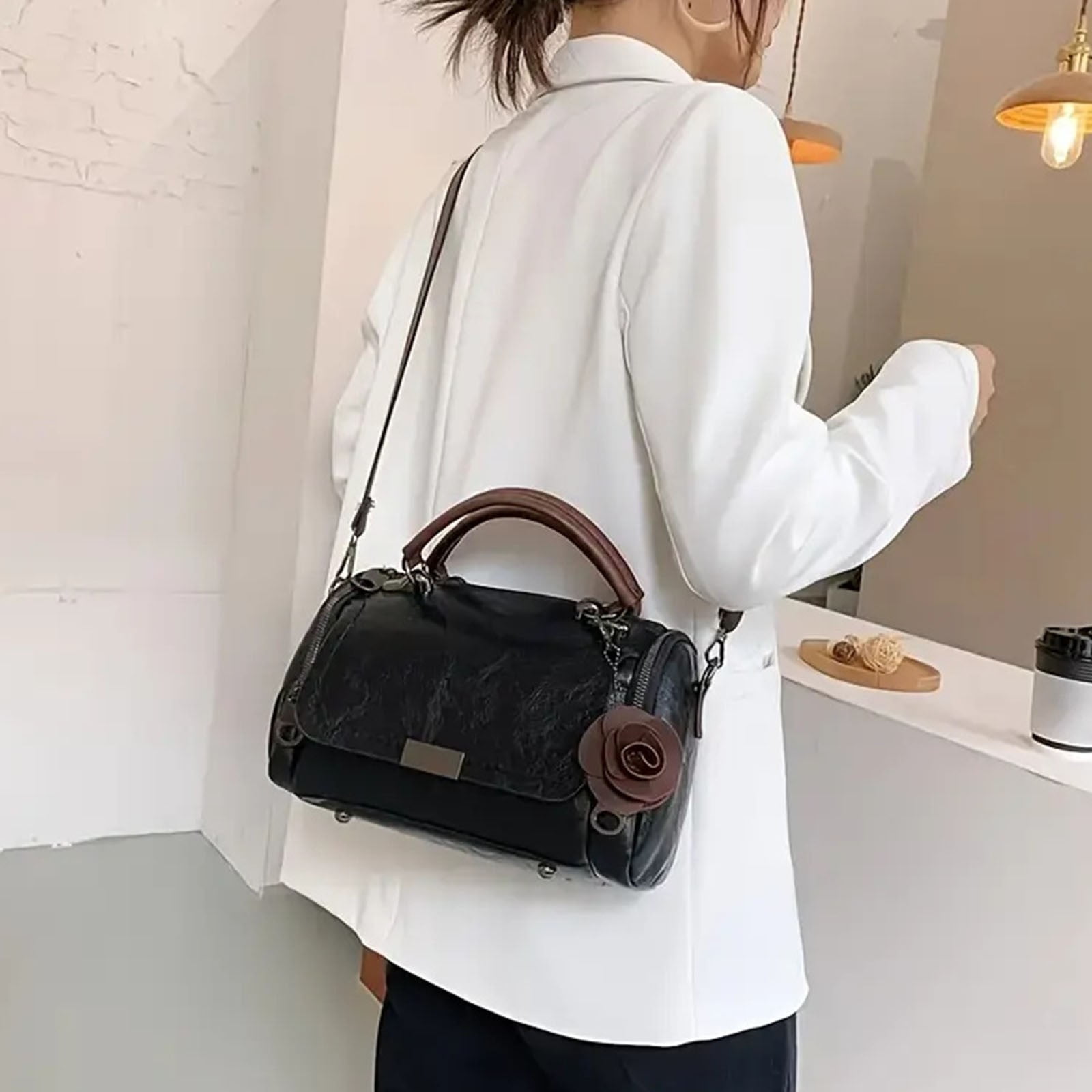 Vintage Top Handle Crossbody Bags for Women Rose Retro Leather Small Cross Body Barrel Purse Satchel Handbags