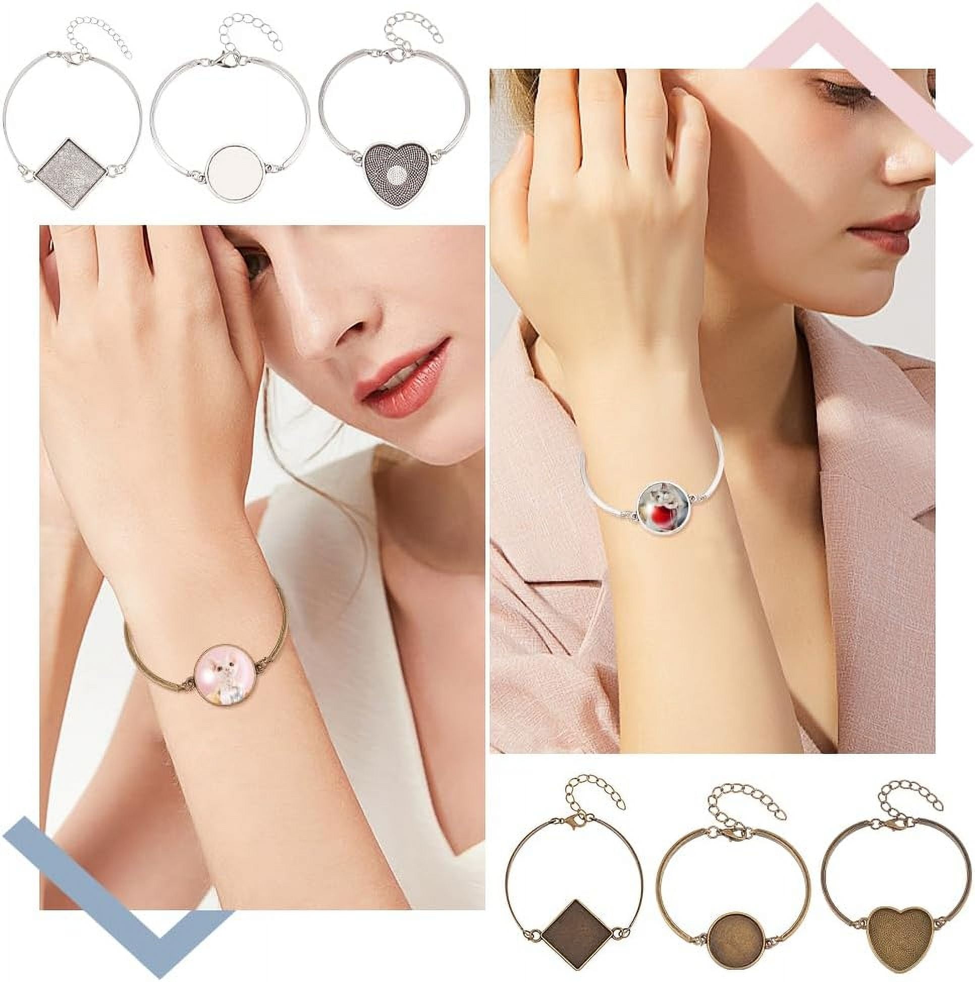18 Sets 6 Styles Adjustable Bracelet Bezel Settings Kit Heart Square Half Round Alloy Blank Tray Bracelet with Glass Cabochons DIY Photo Bracelet for Slide Bracelet Jewelry Making