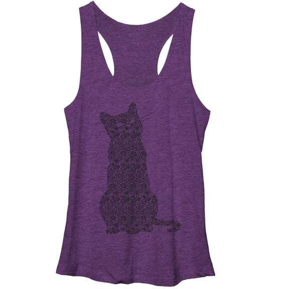 Women's Lost Gods Floral Print Cat  Racerback Tank Top Purple Heather X Large