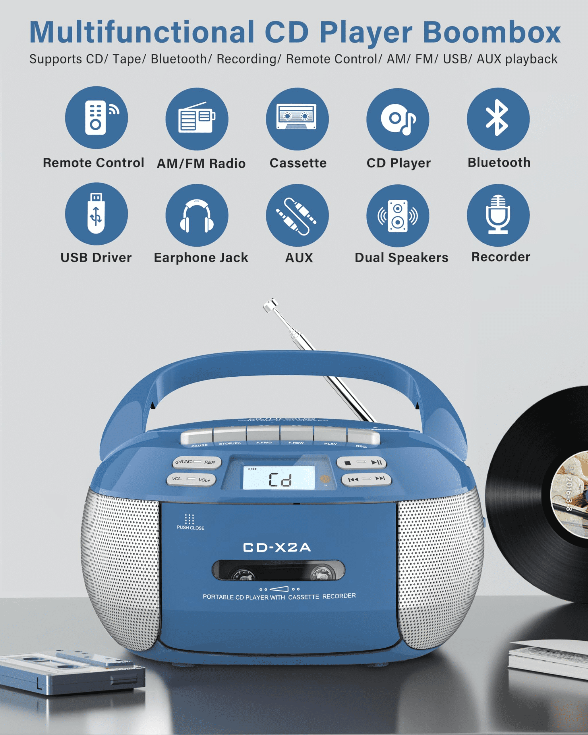 Jazmm Boombox Cassette CD Player Combo with Bluetooth, AM/FM Radio Remote Control, Tape Recording, Stereo Sound, Usb, Speakers, for Home, Music