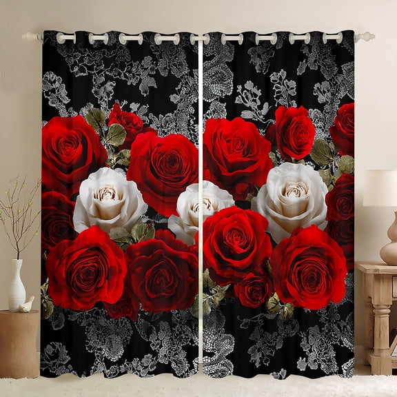Homewish White Red Rose Black Out Curtains, Romantic Anniversary Flower Curtains Pack of 2 (42x63 Each), Bohemian Damask Print Bedroom Curtains, Black Out Curtains Room Decor