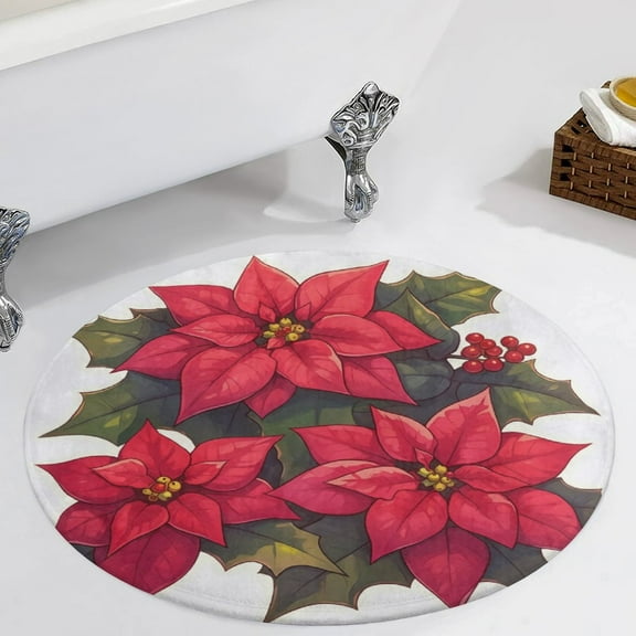 Christmas Poinsettia Red Flower Round Carpet Circle Rug Outdoor Patio Area Rug Washable Large Area Rugs Hallway Room Decor Fitness Mats