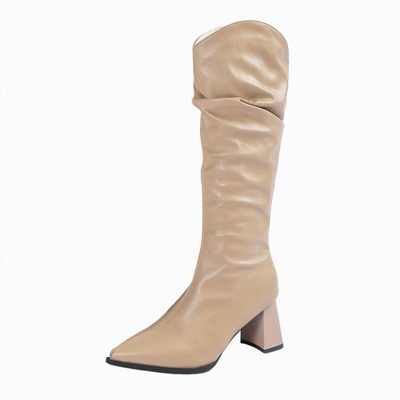 UngA Women Boot Pointed Toe Slouchy Boots Wedge Heels Slouch Pull On Wide Calf Boots for Women Mid Calf Khaki,Size 7.5