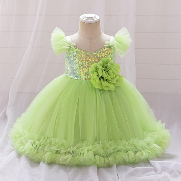 Summer One Year Old Baby Skirt Baby Flying Sleeves Sequins Three-dimensional Flower Mesh Princess Skirt Bow Dress Performance Dress Laundry Dress Vestido blanco para niños