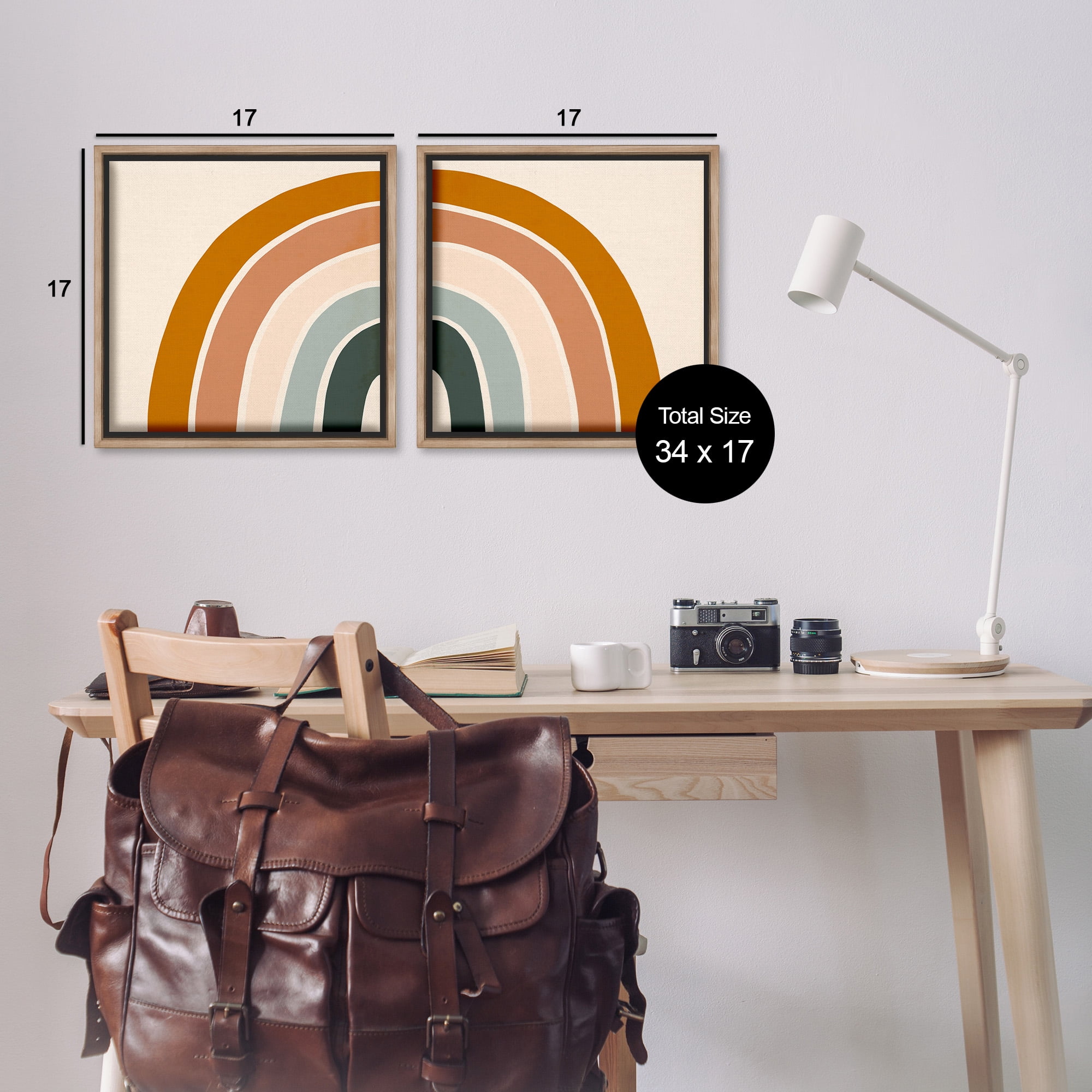 Stupell Industries Asymmetric Warm Retro Rainbow Art for Kids Painting Brown Floater Framed Canvas Art Print Wall Art, 18 x 18, Set of 2