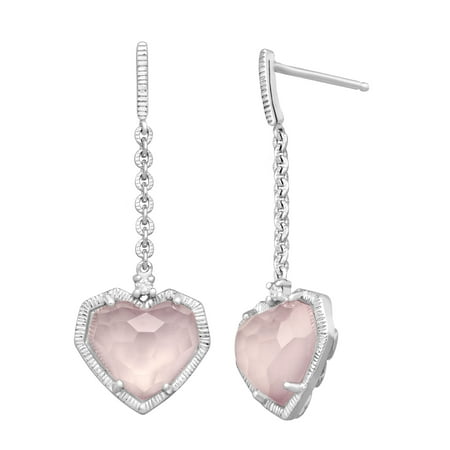 4 5/8 ct Natural Rose Quartz Heart Drop Earrings with Diamonds in Sterling Silver