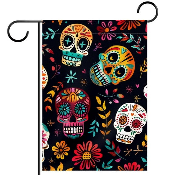 Colorful Day of the Dead Skulls Doodle Pattern Welcome Garden Flags, 12 x 18 Inch Double Sided Outdoor Yard Flags Waterproof For Home Outside Patio Lawn Porch