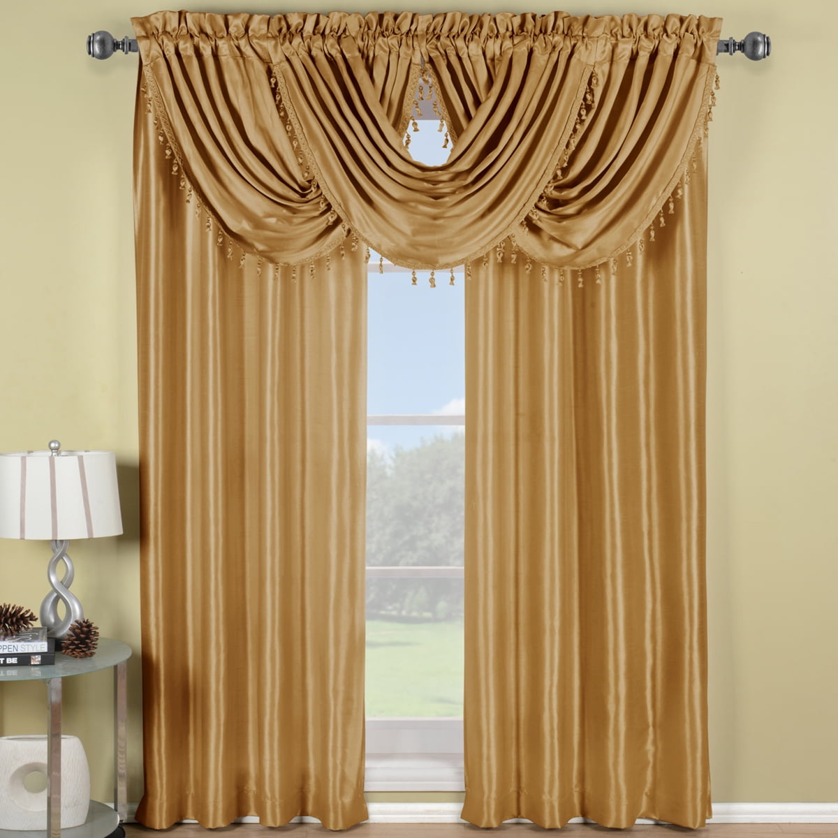 (Set of 2) Soho Faux Silk Rod Pocket Waterfall Window Curtain Panels Gold 42x63