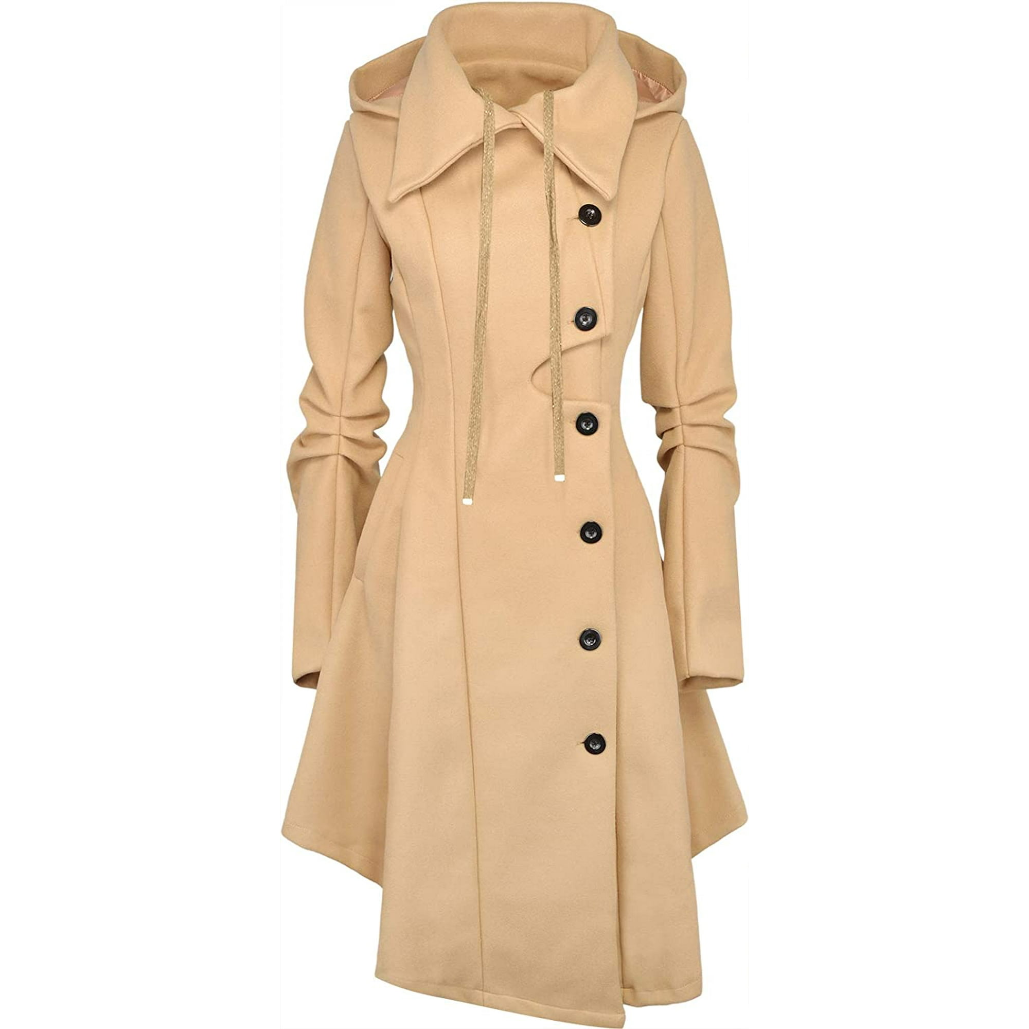Women s Long Fleece Pea Jacket Gothic Trench Coat Winter Punk Collar Peacoat Outwear Slim Hood Dress Coat Walmart