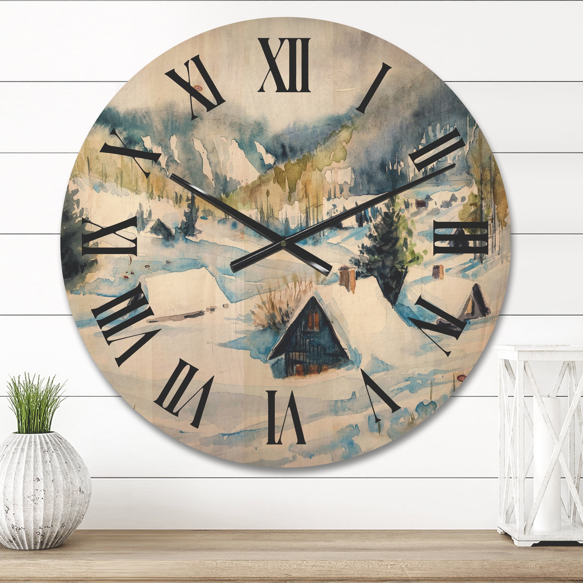 Designart 'Winter In Mountain Village' Traditional Wood Wall Clock