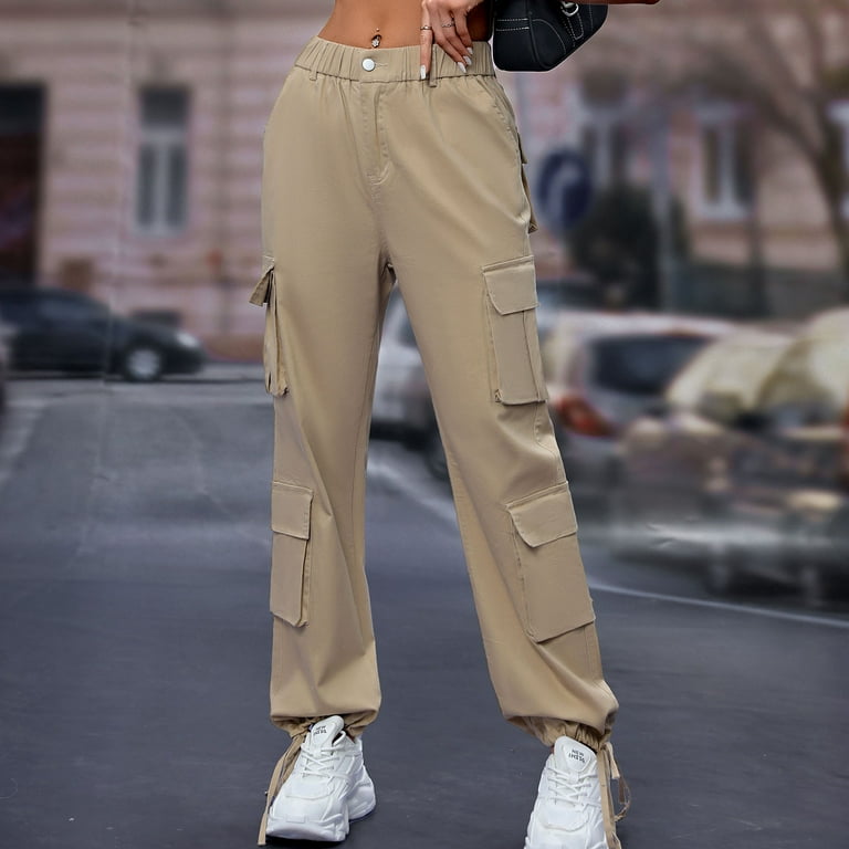 Womens Cotton Cargo Pants with Multi Pockets Drawstring