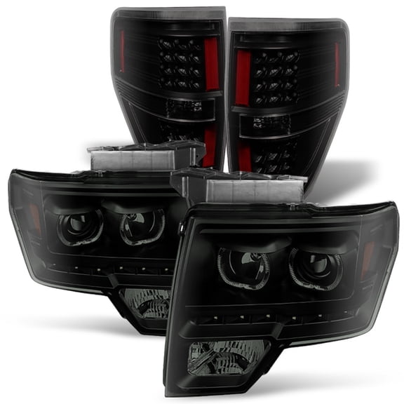 AKKON - For [Dual LED Ring] 09-14 F150 F-150 Pickup Truck Black Smoked Projector Headlights   LED Tail light Set