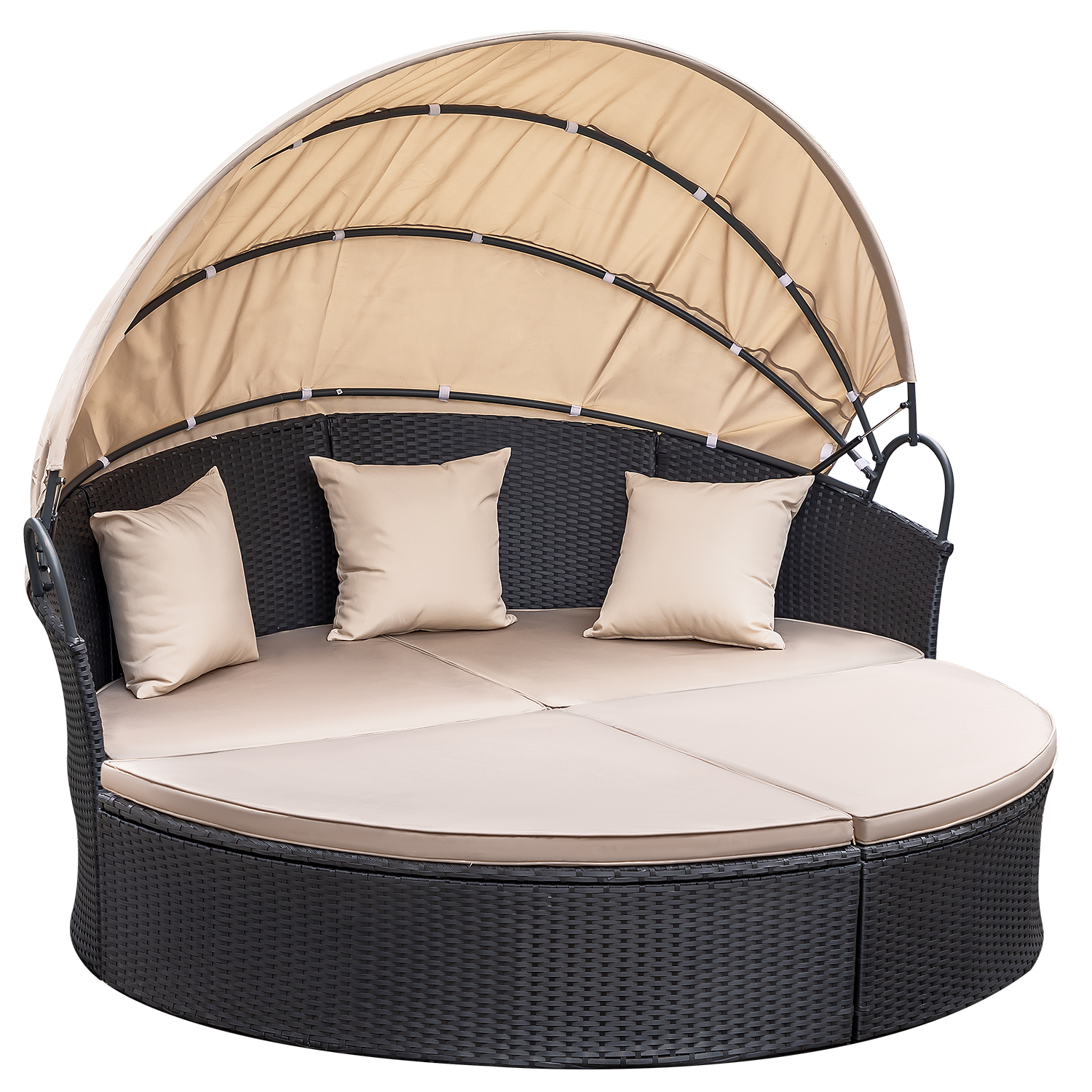 Homall Outdoor Daybed with Retractable Canopy Sectional Rattan Round Bed for Patio, Black & Beige - image 2 of 7