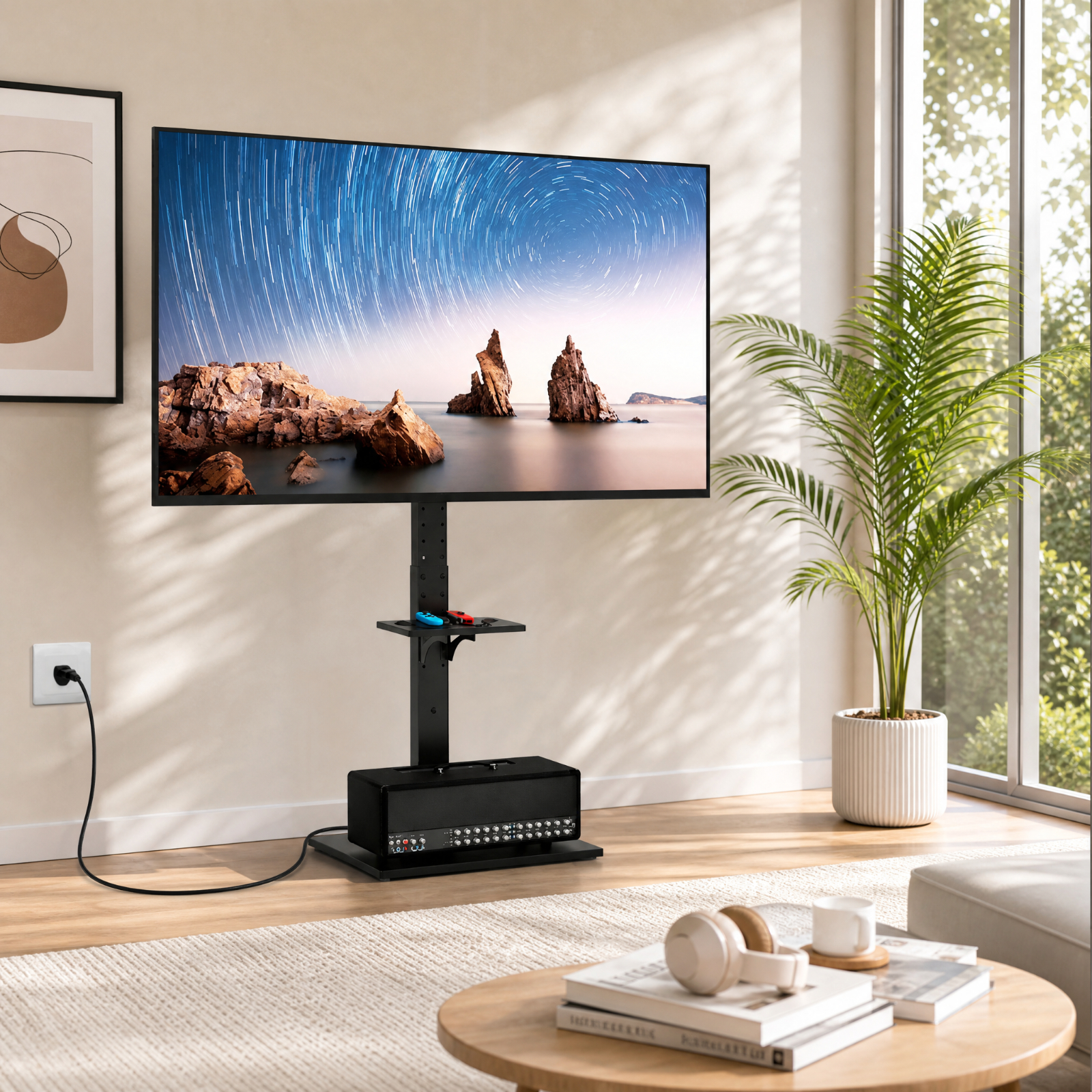 Furnibear Tilt and Height Adjustable Floor TV Stand with Power Outlet and Adjustable AV Shelf for Living Room Bedroom Media Console, Black