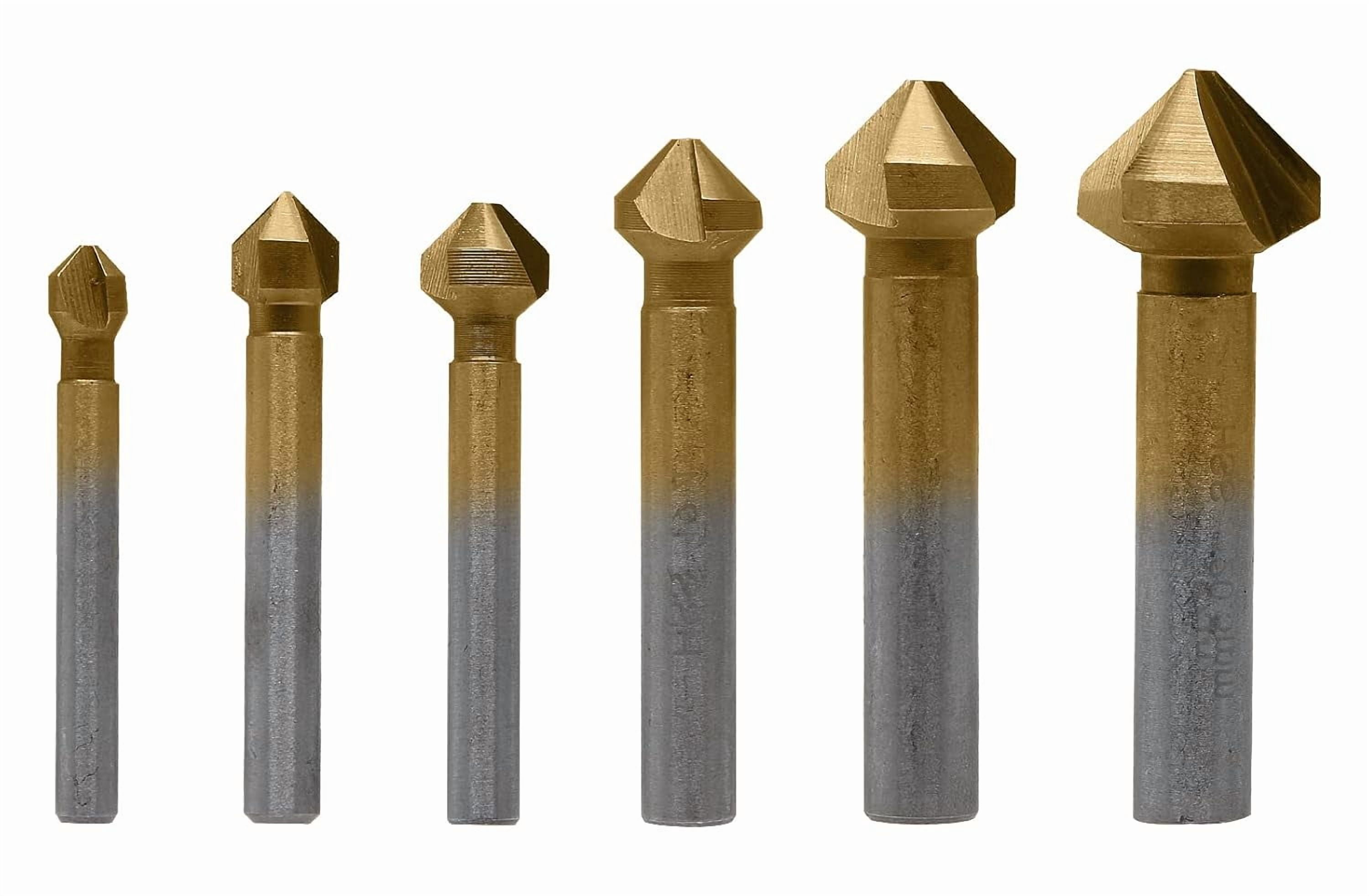FRKSMD-6 Pack 3 Flute 90 Degree Countersink Drill Bit Set, Titanium HSS Chamfering Tool Set Metric End Mill Cutter Bits, Deburring Chamfering Bit for Metal, Wood, Aluminum, Stainless Steel