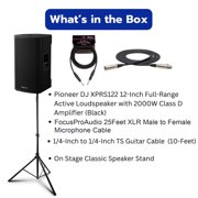 Pioneer DJ XPRS122 12-Inch Active 2-Way Loudspeaker Bundle with Classic Speaker Stand, 10-Feet TS Guitar Cable and FocusProAudio 25-Feet XLR Cable Male to XLR Female Microphone Cable (4 Items)