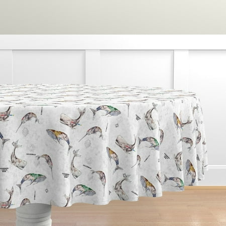 

Cotton Sateen Tablecloth 90 Round - Whale Small Boho American Narwhal Ocean Whales Watercolor Inspired Humpback Girls Room Modern Print Custom Table Linens by Spoonflower