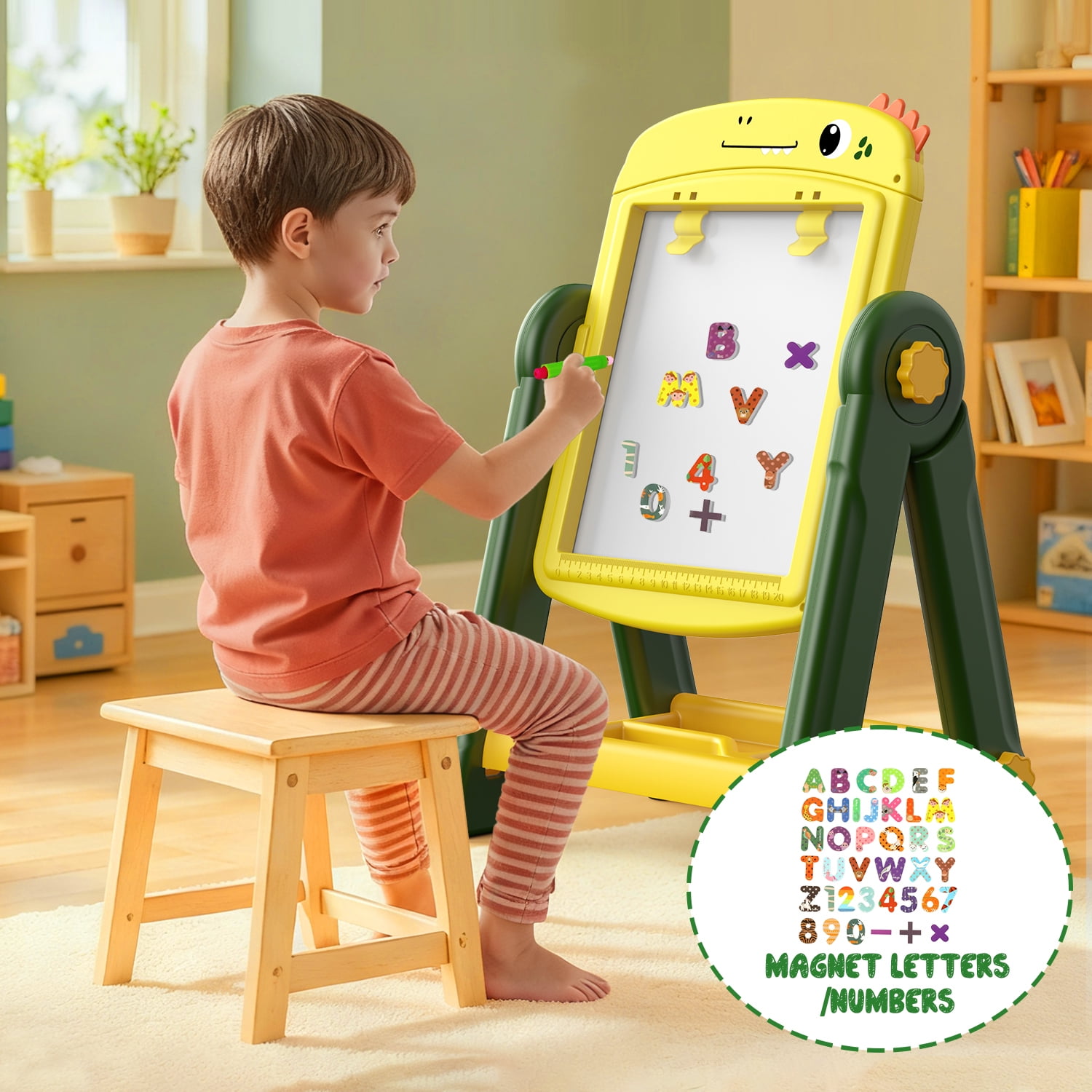 UQN Easel for Kids, Kids Art Easel for Toddlers Age 2-4, Standing Double Sided Magnetic Drawing Board with Chalkboard Whiteboard, Christmas Birthday Gift for Boys Girls 2 3 4 5 Years Old